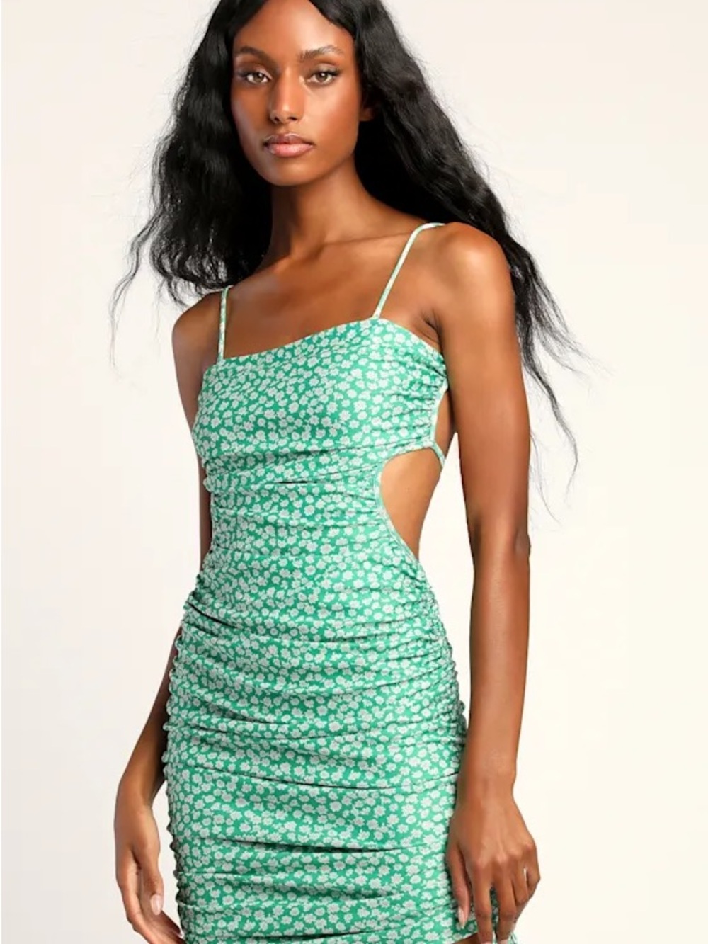 Lulu’s Wildflower Power Green Floral Tie-Back
Ruched Bodycon Dress